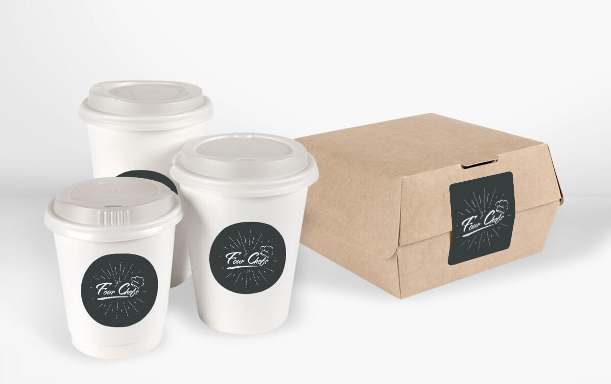 coffee cups and food box with custom labels